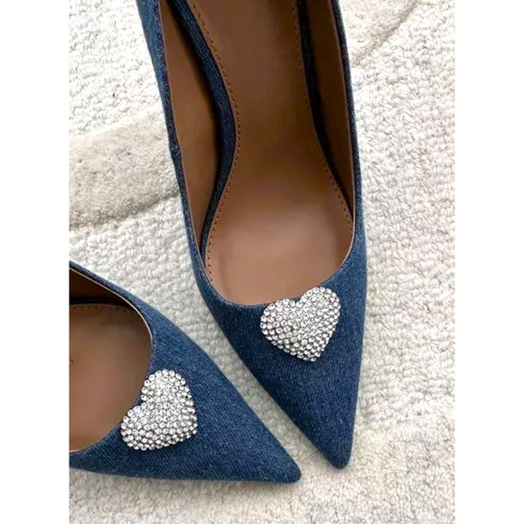 MANGO Embellished Heels NWT | Denim Point Toe w/ Rhinestone Heart - Picture 7 of 16